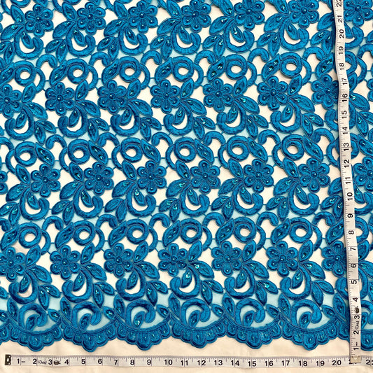 Beaded & Corded Bridal Lace Fabric Embroidered on 100% Polyester Net Mesh | Lace USA -90726N-BP